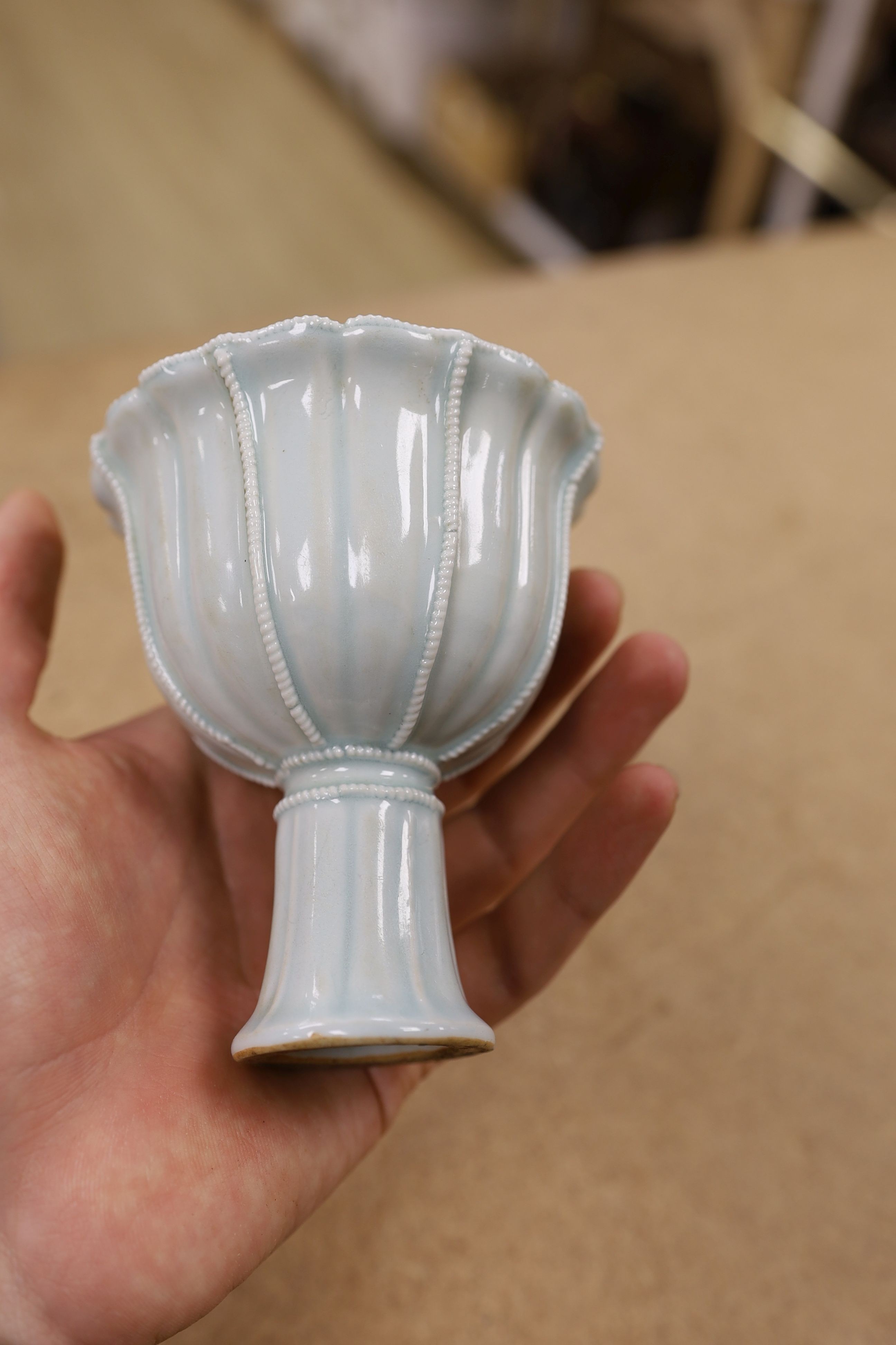 A Chinese Qingbai type stem cup., 10 cms high.